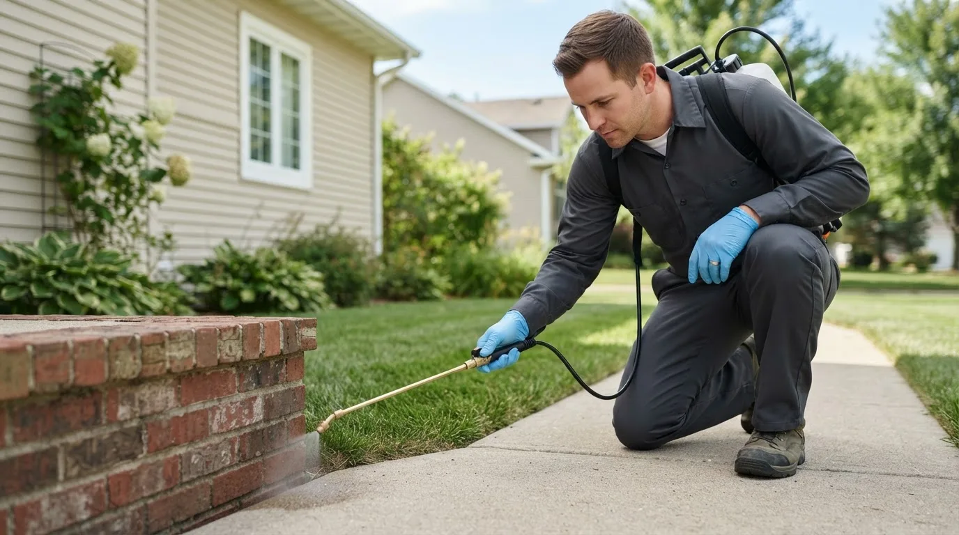 Pest control technician treating a home near Foster, OR